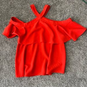 Sugar + lips blouse womens medium orange coral cold shoulder top flowy flirty‎